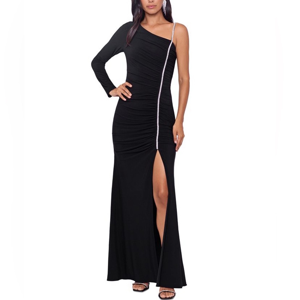 Xscape Black One Shoulder Rhinestone Trim Nylon Evening Gown Size 14